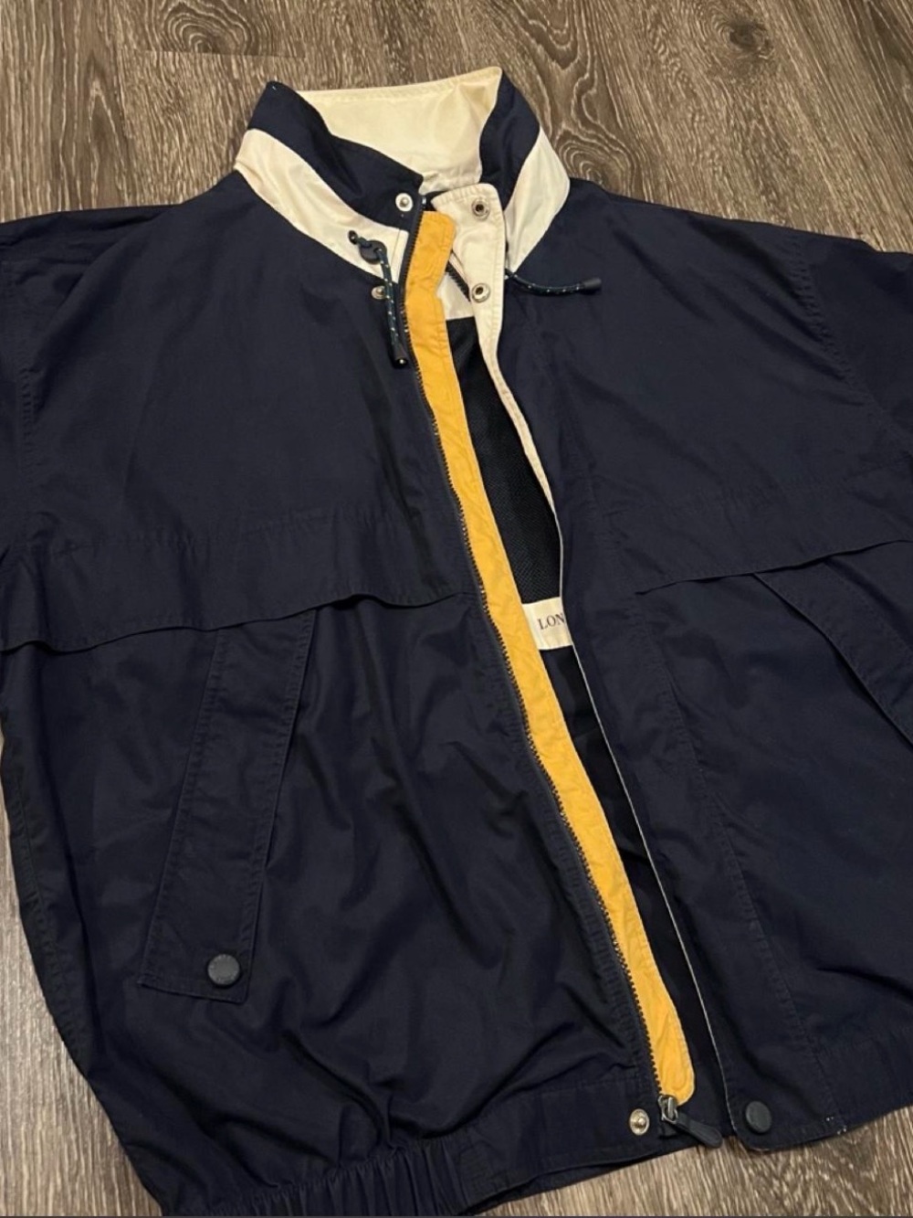 London Fog Navy Windbreaker with Yellow Trim and Cream Collar